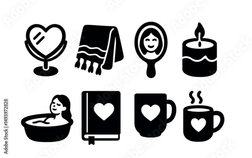 Self-care silhouette icons set. relaxation and wellness symbol collection