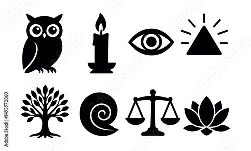 Mystical symbols silhouette icons set. spiritual and metaphysical signs
