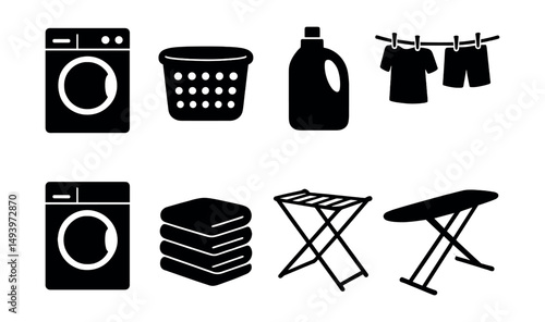Laundry and cleaning silhouette icons set. household and washing symbols