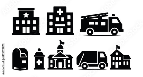 Public services silhouette icons set. government and utility symbols collection