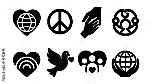 Peace and community silhouette icons set: unity and global symbols collection