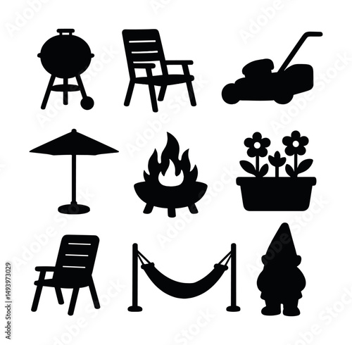 Gardening and outdoor silhouette icons set. yard and patio tools symbols