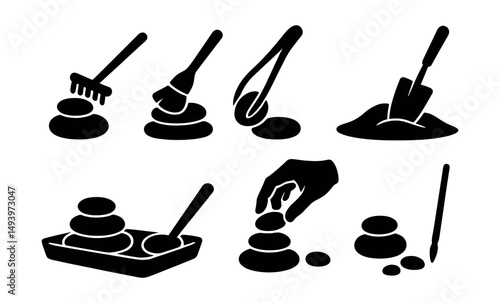 Zen garden silhouette icons set. meditation and mindfulness symbols for relaxation