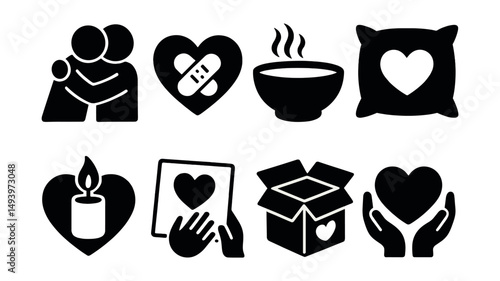 Charity and support icons set. silhouette style symbols of giving, care, and compassion