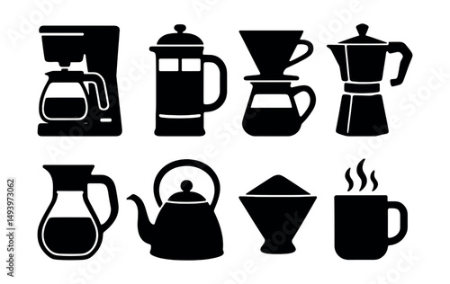 Coffee essentials silhouette icons set. brewing, caffeine, beverage symbols