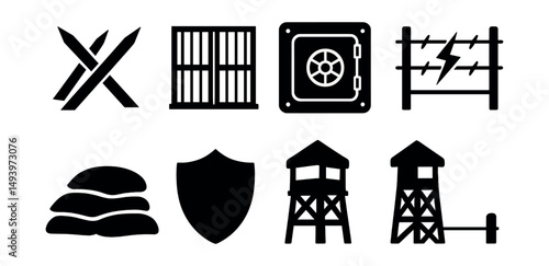 Military and defense silhouette icons set. security and protection symbols