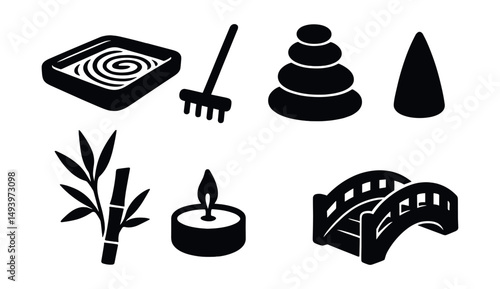 Zen and meditation silhouette icons set. relaxation and mindfulness symbols
