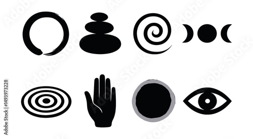 Zen and meditation silhouette icons set. mindfulness and relaxation symbols