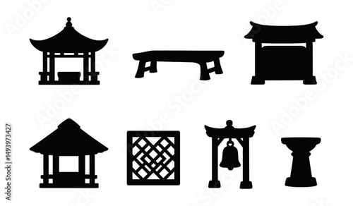 Traditional asian architecture icons set. silhouette, building, culture symbols