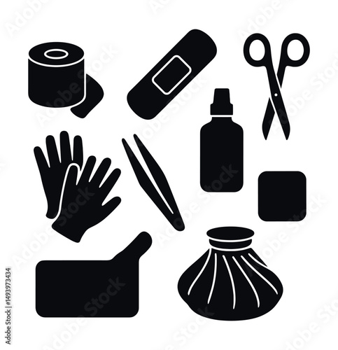 First aid silhouette icons set. emergency and medical care symbols