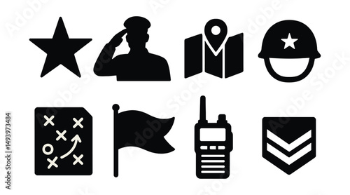 Military and defense silhouette icons set. army, security, and strategy symbols
