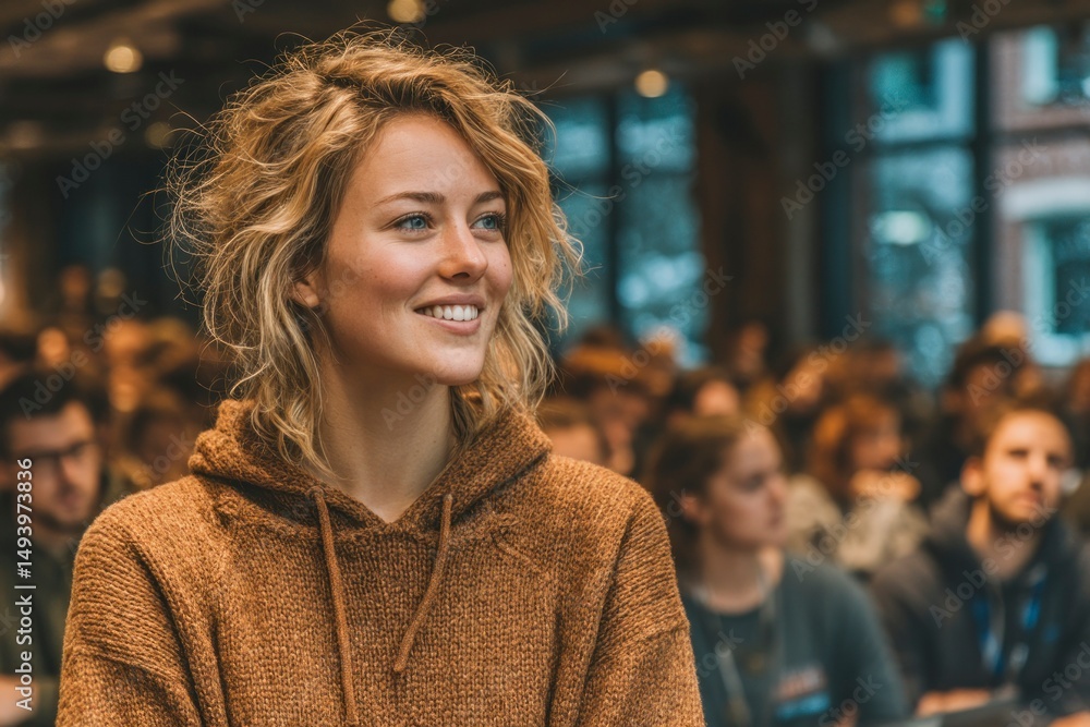Fototapeta premium A smiling individual in a cozy sweater at an event surrounded by an audience
