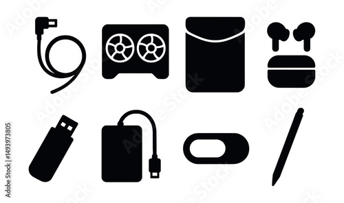 Electronics and gadgets silhouette icons set. device, tech, and gear symbols