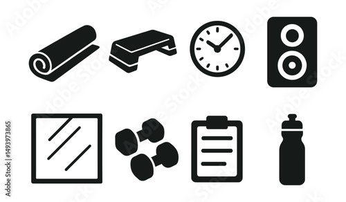 Fitness and gym silhouette icons set. exercise and workout equipment symbols
