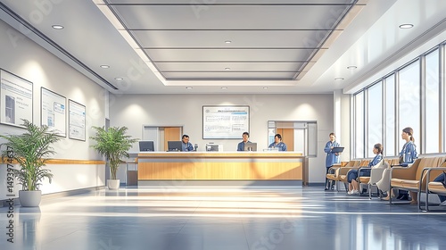 A modern hospital waiting area with staff and patients. Clean, bright, and professional setting.