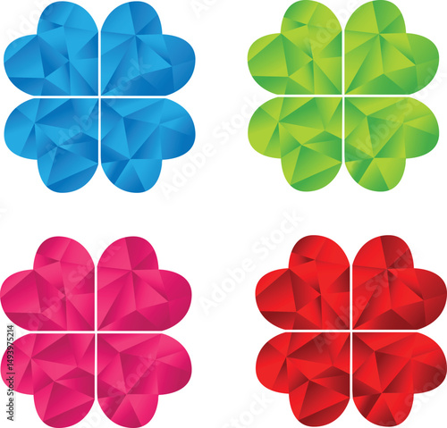 Set of clover logos or icons with diamond texture. Blue, green, pink and red heart-shaped tree design that means good luck.