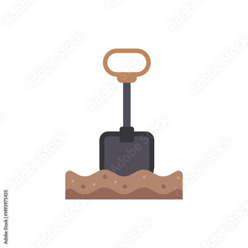 Black shovel with a brown handle in the ground. Suitable for gardening, landscaping, construction, digging, yard work, and outdoor projects.