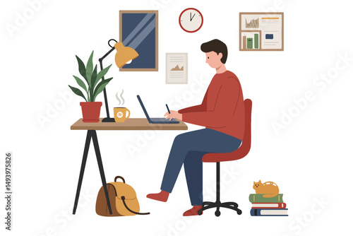 Man working on laptop in home office at home an office vector.