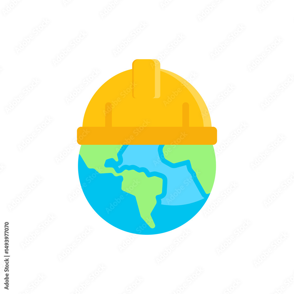Fototapeta premium Yellow hard hat on globe for construction, global corporation, or safety concepts. Joining forces for worldwide projects and infrastructure development.