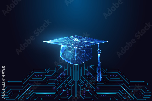 Smart education and online learning with digital graduation cap, vector illustration