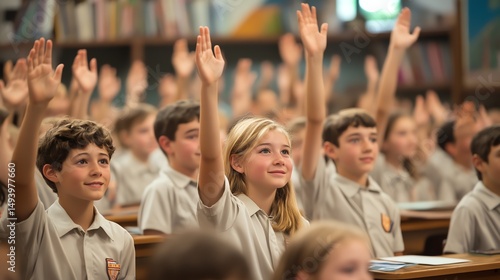 A classroom full of students raising their hands, eager to answer a question. Education and learning concept.