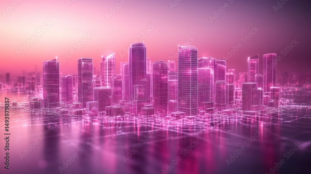 custom made wallpaper toronto digitalFuturistic city skyline, outlined in vibrant pink, reflecting on water