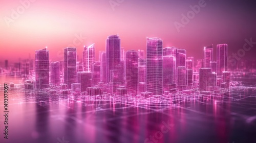 Wallpaper Mural Futuristic city skyline, outlined in vibrant pink, reflecting on water Torontodigital.ca