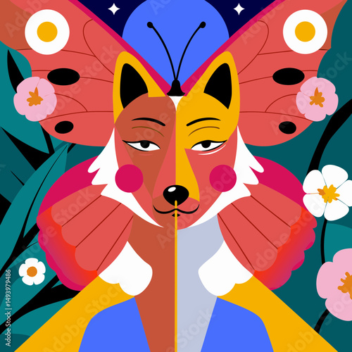 red fox and butterfly