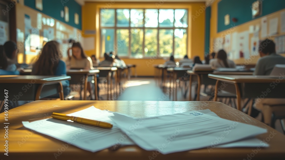 A classroom bathed in golden sunlight, students focused on their papers. Serene academic scene. A classroom bathed in golden sunlight, students focused on their papers. Serene academic scene.