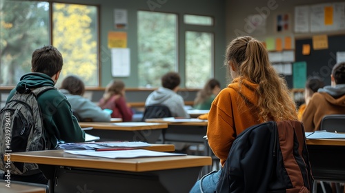 A classroom bathed in golden sunlight, students focused on their papers. Serene academic scene.