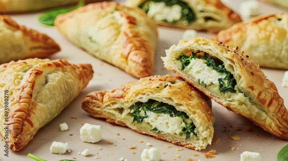 Savory Spinach & Feta Pastries: A delicious display of golden, flaky pastries, each generously filled with a flavorful mix of spinach and feta cheese. Savory Spinach & Feta Pastries: A delicious display of golden, flaky pastries, each generously filled with a flavorful mix of spinach and feta cheese.