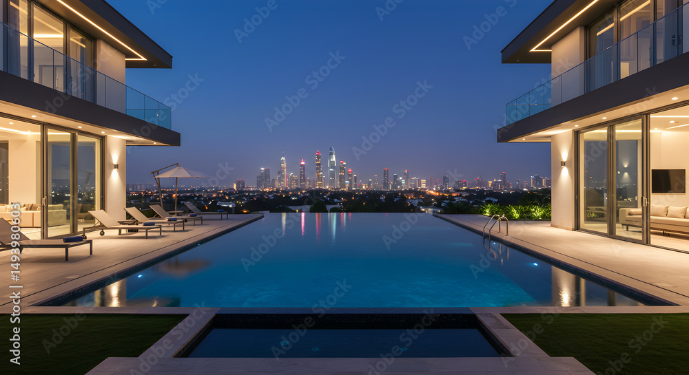 Obraz premium Luxury Villa With Infinity Pool Overlooking City Skyline at Night
