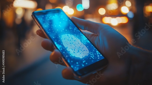 A hand holds a phone with a glowing fingerprint on the screen, symbolizing security and technology in an urban setting.