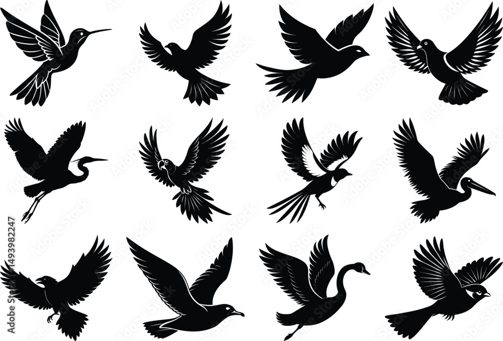 Fototapeta premium birds flying silhouette , Set of black bird silhouettes.silhouettes of birds isolated on transparent background png,
