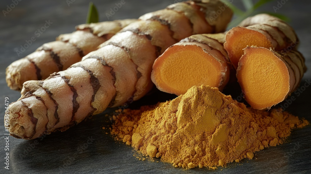 Fototapeta premium Fresh turmeric roots and powder