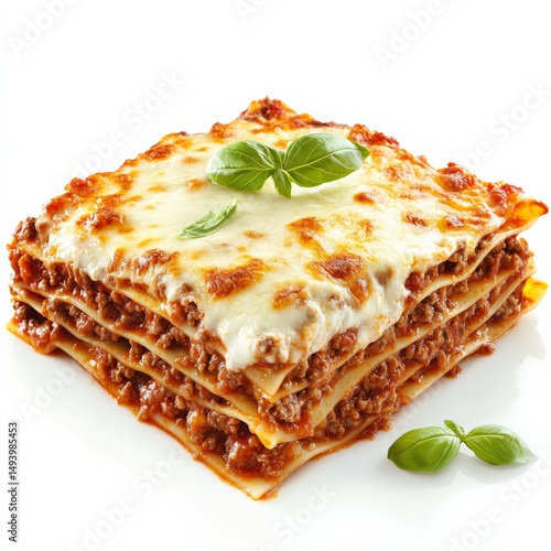 A layered dish of lasagna al forno, with sheets of pasta, rich meat sauce, creamy bÃ©chamel, and melted mozzarella cheese, baked until golden brown and bubbly, cut into a square slice to reveal the photo