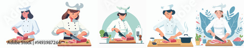 female chef vector slicing meat