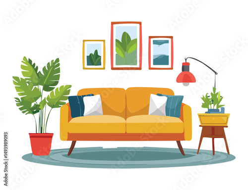 bright living room with yellow couch and decor