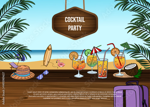 Cocktails party celebrate in summer time on bar. Beach scene party with bar ocean and tropical fruit cocktail drinks poster banner card invitation 