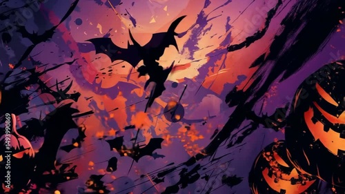 Glowing jack-o'-lanterns and flying bats swirl through chaotic purple and orange abstract Halloween fog
