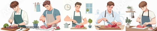young man character vector cutting meat
