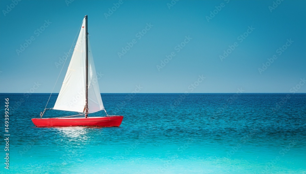 Fototapeta premium a sailing dinghy standing in turquoise water background small dinghy in the water banner red sailboat background sail boat poster sailboat watercraft on sea banner