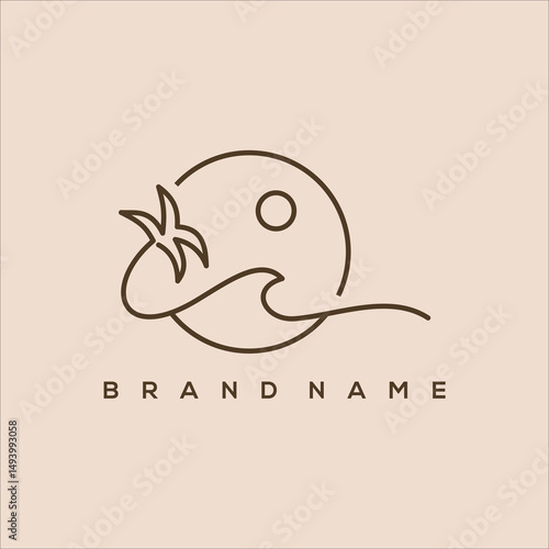 line art icon palm waves and sun in circle vector logo