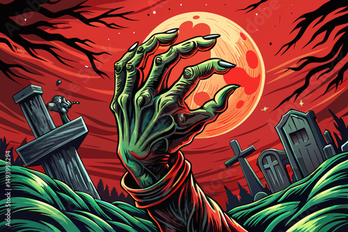 Horror Zombie arm out from ground of grave in a full moon night and red sky isolated