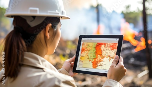 Japanese wildfire scientist anxiously analyzing heat map on tablet