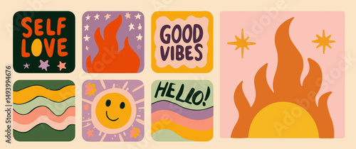 Cheerful vector illustration in retro sticker style, featuring positive quotes, wavy lines, flames, a smiley sun, and stars. Warm tones of orange, yellow, and green create a nostalgic, uplifting vibe.