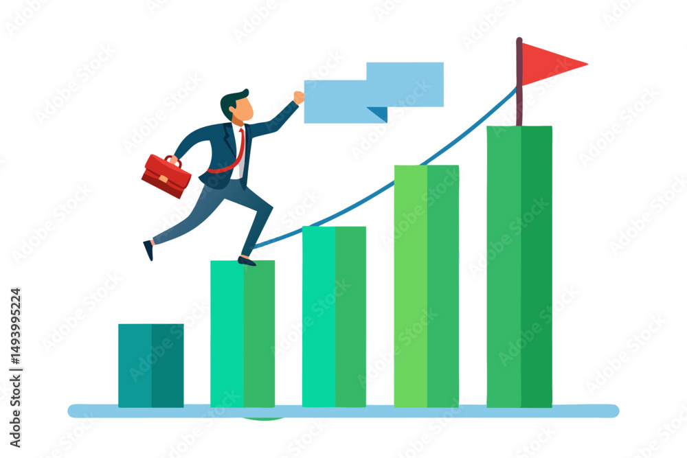 A flat vector illustration of a businessman climbing a rising bar graph, symbolizing business growth, increasing sales, financial progress, and achieving higher targets. A flat vector illustration of a businessman climbing a rising bar graph, symbolizing business growth, increasing sales, financial progress, and achieving higher targets.