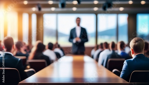 panel discussion blur a blurred background of a panel discussion in a conference hall with panelists and a moderator