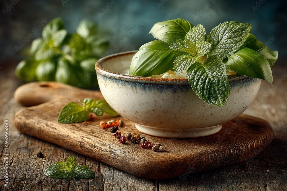 Fresh Herbs in a Ceramic Bowl on Rustic Wood Background Fresh Herbs in a Ceramic Bowl on Rustic Wood Background