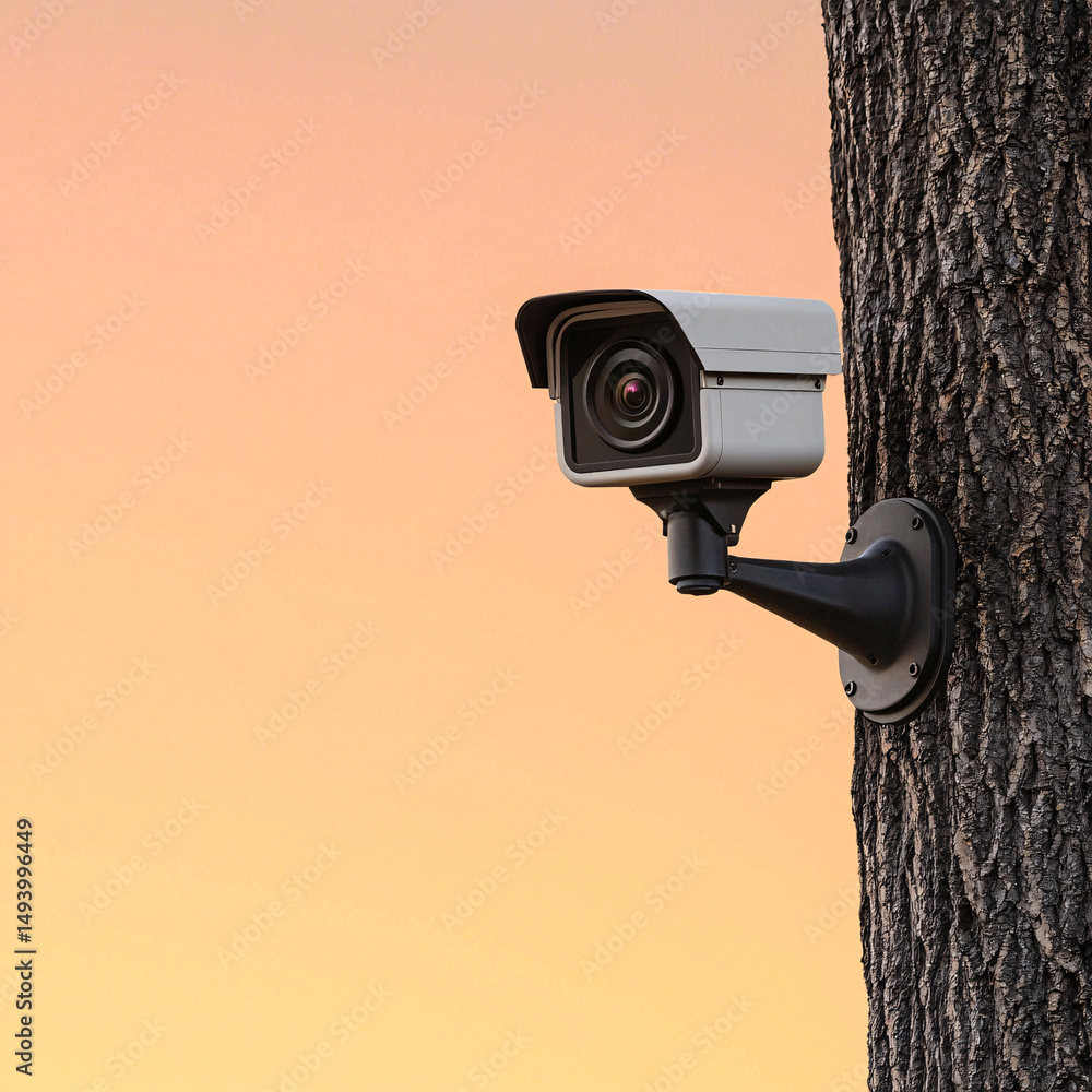 A security camera is mounted on a tree trunk against a pastel orange and pink sunset sky. A security camera is mounted on a tree trunk against a pastel orange and pink sunset sky.